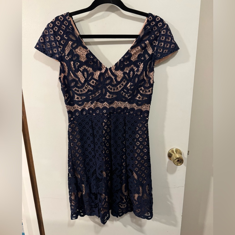 Navy Blue Lace Dress with a Beige Lining - Charlotte Russe - Size Medium